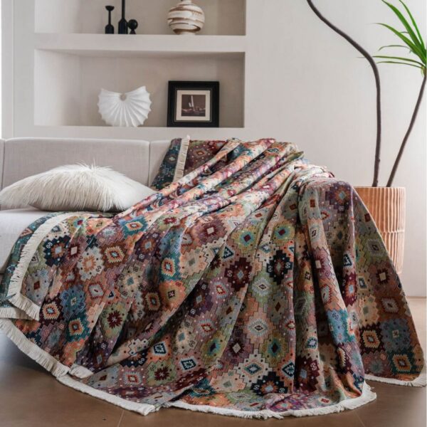 orange rhombus jacquard sofa throw with bohemian geometric pattern and white fringe