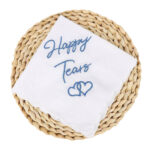cotton wedding handkerchief with "Happy Tears" and double heart embroidery