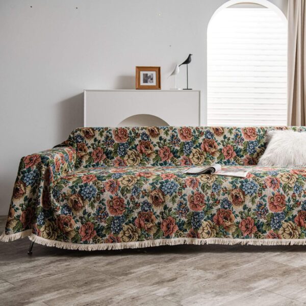 bohemian proof sofa cover with hydrangea print, cozy home setting