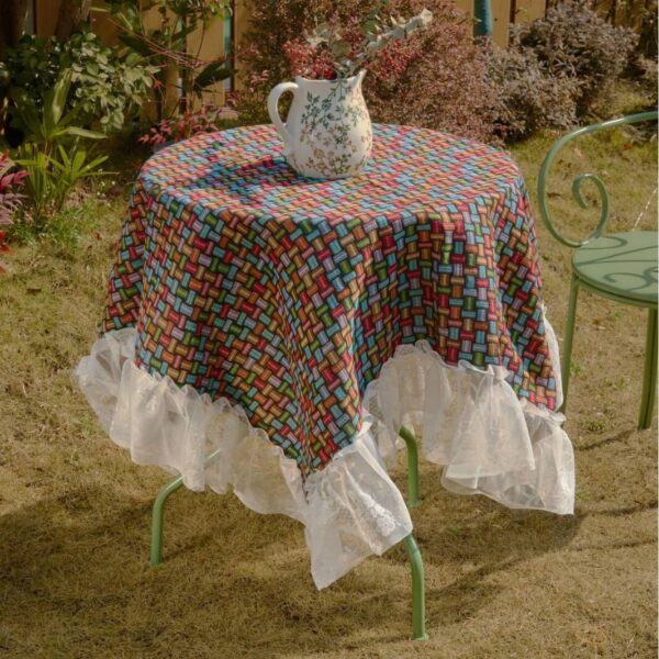 american floral table runner with multicolor tassel pattern and lace trim