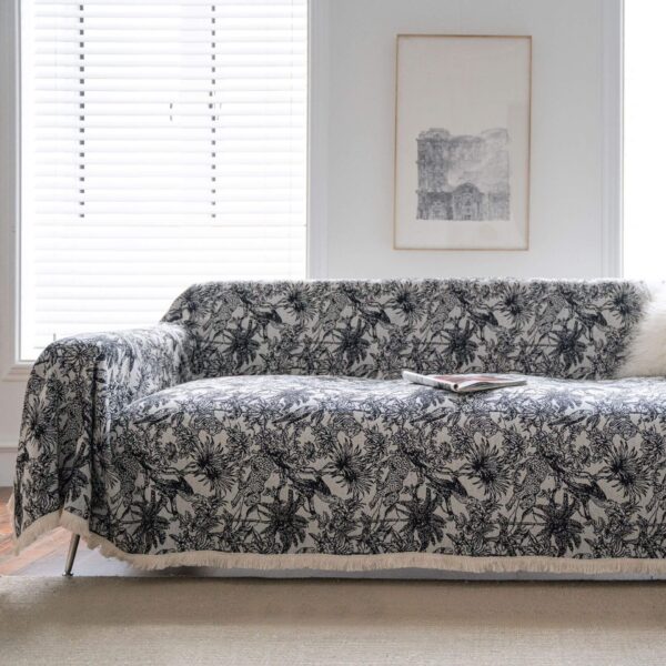 Cat proof bohemian sofa cover black coconut tree print, elegant living room view