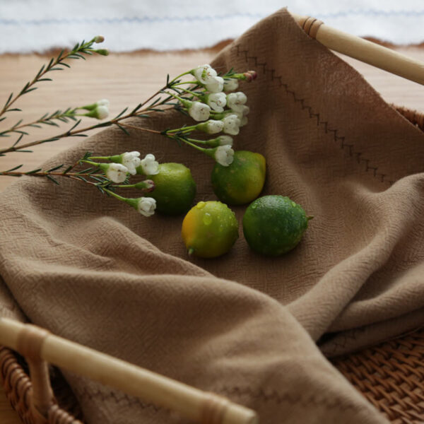 Caramel herringbone cotton linen placemat styled with limes and flowers for food photography