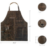 rugged dark brown leather work apron size diagram with dimensions and hardware details
