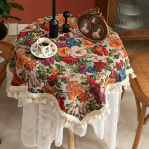 Vintage floral tablecloth decor with tassels, white tone styled with coffee cup