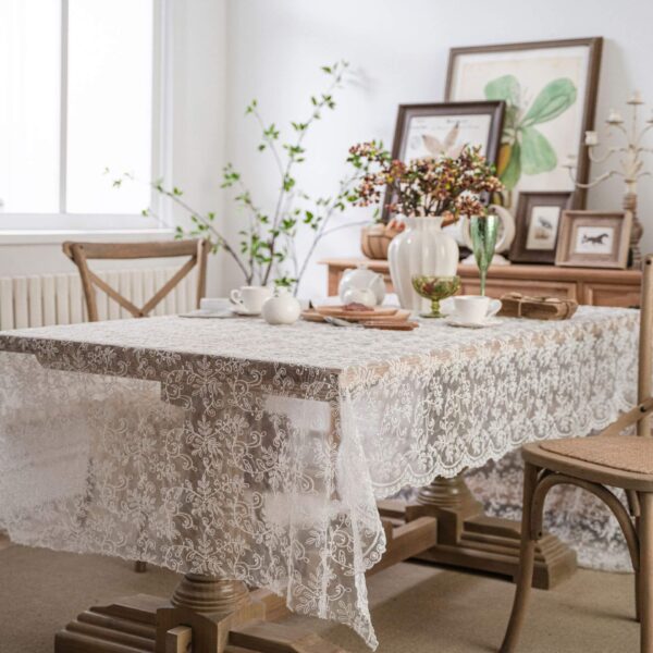 white lace embroidered tablecloth in bright home setting