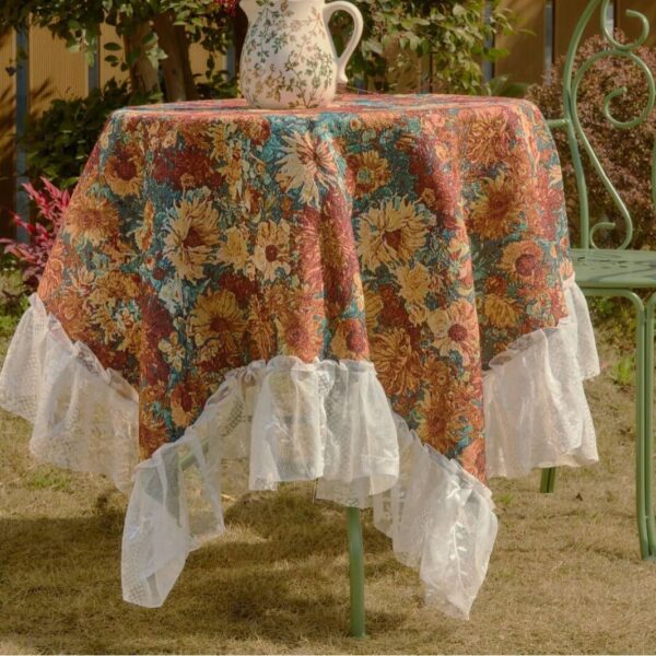 american floral table runner orange oil painting pattern with lace trim