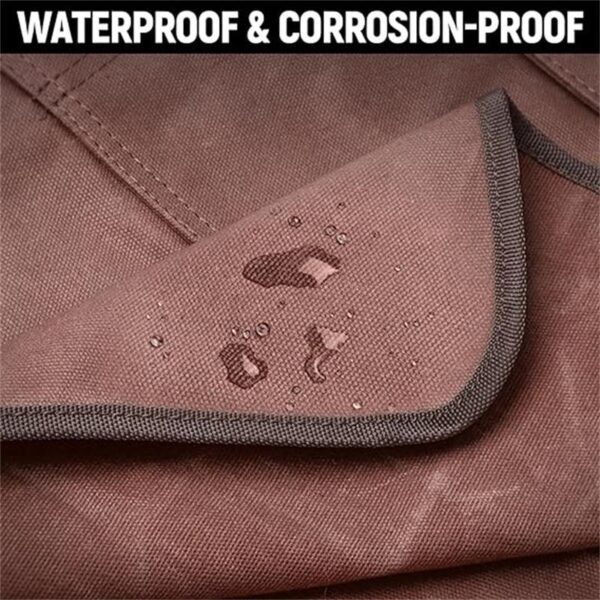 Waxed Canvas Work Apron fabric waterproof close up shot, natural wax coating water bead texture 20oz heavy duty canvas for workshop protective apron