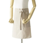 Half Linen Style Simple Apron light beige mannequin wearing shot, 100% washed cotton faux linen half waist apron adjustable tie design