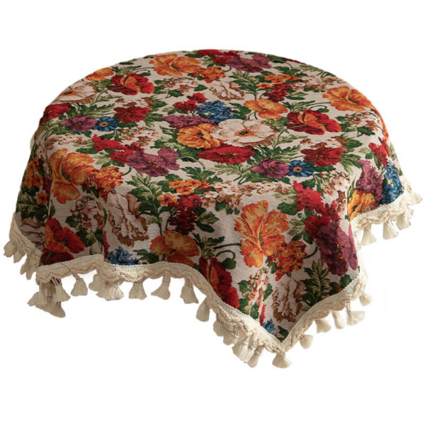 Vintage floral tablecloth decor with tassels, white tone flat lay view