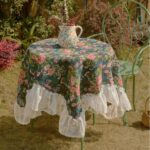 american floral table runner green peony pattern with delicate lace trim