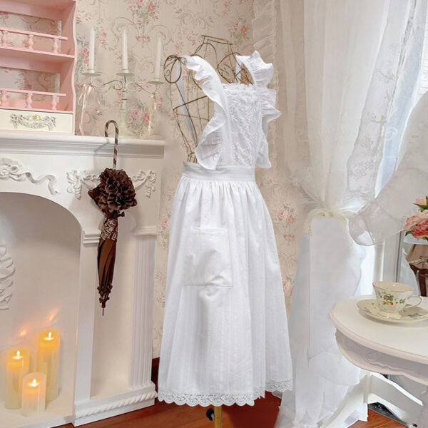 adjustable tie-back waist on white lace cottage apron