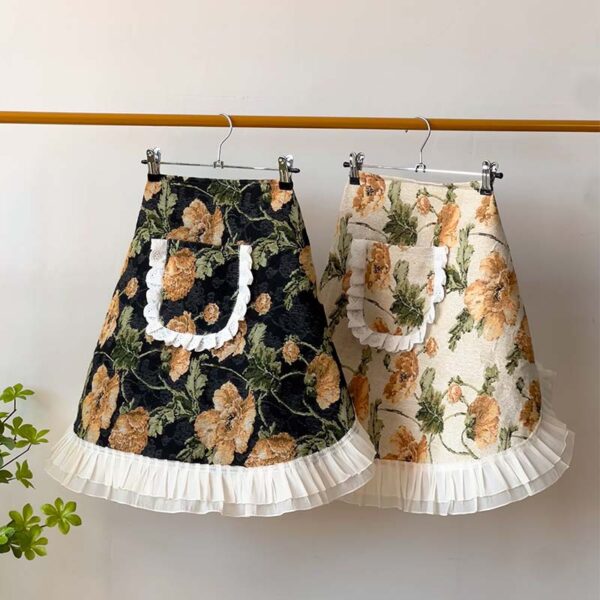 two vintage floral half aprons, black and beige styles