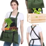 Green garden harvest work apron, collecting vegetables and fruits in the pouch during gardening