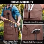 Waxed Canvas Work Apron coffee brown wearing & pocket detail composite photo, 20oz heavy duty rivet reinforced canvas tool apron for woodworking gardening DIY crafts