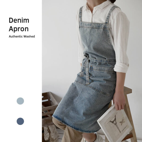 Vintage denim barista apron worn by a model in a kitchen setting