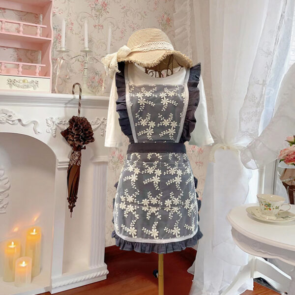 sweet lace lolita apron | gray floral embroidered cotton with lace trim