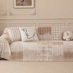 soft chenille sofa cover neutral grid pattern cozy living room