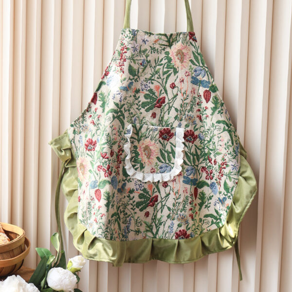 Vintage floral kitchen apron with peony print, ruffle trim polyester apron for cooking, baking, and floristry, Peony Garden style