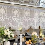 Lace Ruffled Cafe Curtain flat display picture, vintage full floral embroidered sheer kitchen curtain, white lace half window valance, free self-adhesive tape included, curtain rod excluded