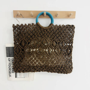 Dark Brown Hollow Diamond Knit Straw Handbag With Contrast Blue Ring Handle Wall Hook Shot