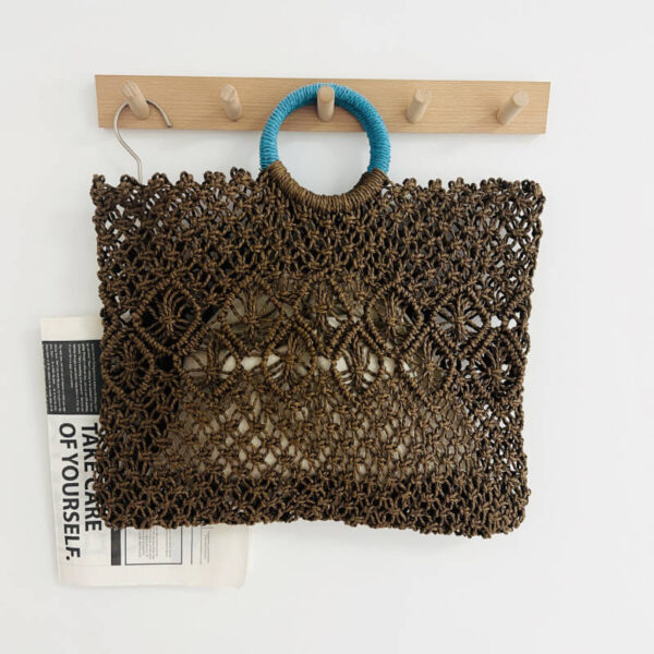 Dark Brown Hollow Diamond Knit Straw Handbag With Contrast Blue Ring Handle Wall Hook Shot