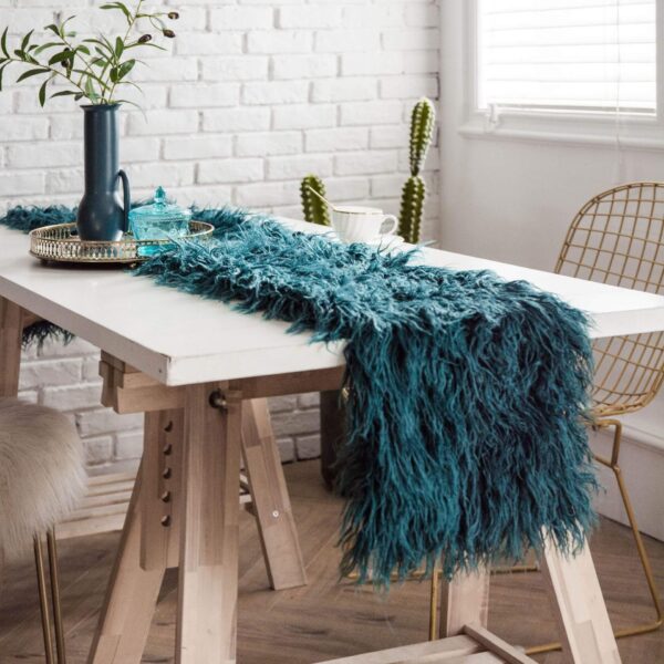 Faux Wool Table Runner, Light Blue Shaggy Acrylic Soft Tone Dining Table Decor
