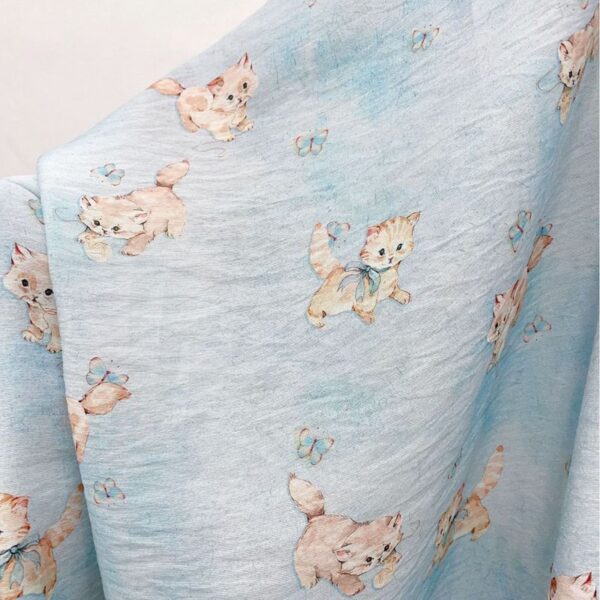 Partial Fold Light Blue Kitten Fabric Sample, Soft Pale Blue Cat Print Cloth