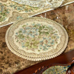 European Floral Round Doily, Hollow Lace Trim Polyester Soft Green Floral Decor Table Doily