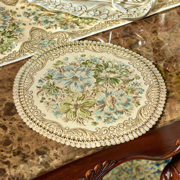 European Floral Round Doily, Hollow Lace Trim Polyester Soft Green Floral Decor Table Doily