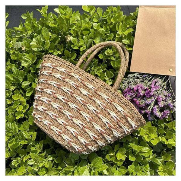Khaki Solid Straw Tote Bag Natural Green Plant Background Woven Beach Handbag