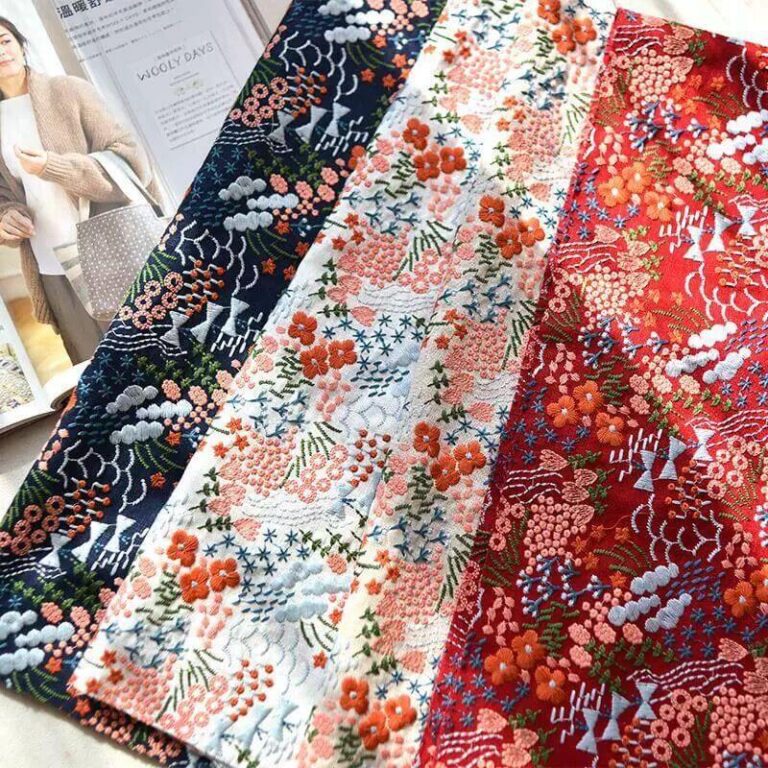 4-Tone Starry Embroidery Linen Fabric Stack Drape Shot, Heavy Floral Embroidered Linen Cotton Blend