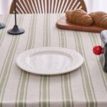 Green Farmhouse Ruffled Striped Tablecloth, Vintage Linen Blend Dining Table Cover with Ruffle Edge, Machine Washable