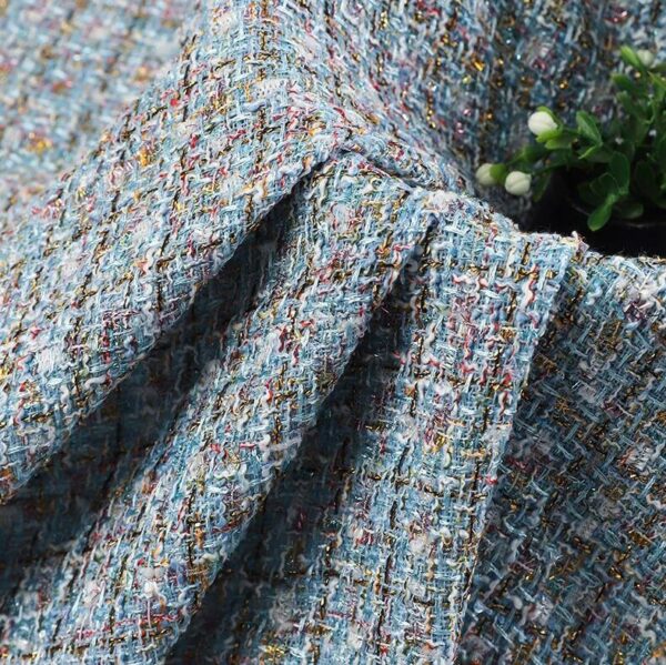 Luxury Plaid Tweed Fabric Soft Draped Sample, Light Blue Metallic Thread Woven Coat Material