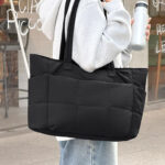 Solid Black Quilted Nylon Tote Bag Large Capacity Work Shoulder Bag For Women Commute