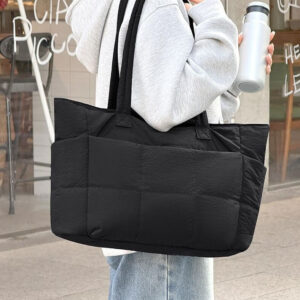 Solid Black Quilted Nylon Tote Bag Large Capacity Work Shoulder Bag For Women Commute