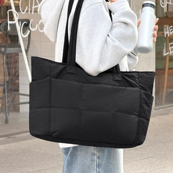 Solid Black Quilted Nylon Tote Bag Large Capacity Work Shoulder Bag For Women Commute
