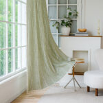 Green Textured Rod Pocket Curtain, 100% Polyester Neutral Light Filtering Drape with Side Tassels, Curtain Rod Not Included