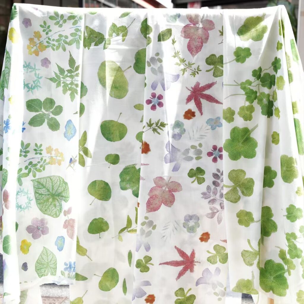 Handmade eco botanical pounded linen curtain with natural leaf and flower print, sustainable boho home window decor