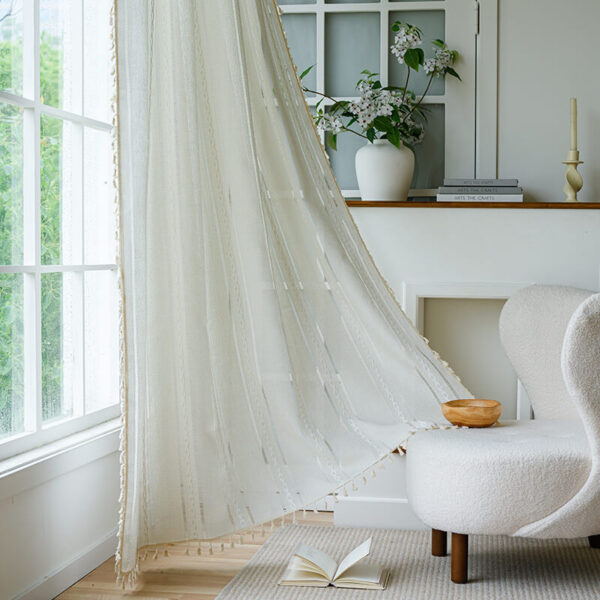 Off White Textured Rod Pocket Curtain, 100% Polyester Neutral Light Filtering Drape with Side Tassels, Curtain Rod Not Included