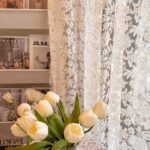 French Lace Sheer Curtain full indoor bay window shot, vintage rococo floral embroidered cream sheer curtain, stock heights 51–106in fixed 49in width, light filtering half window curtain