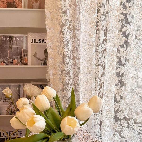 French Lace Sheer Curtain full indoor bay window shot, vintage rococo floral embroidered cream sheer curtain, stock heights 51–106in fixed 49in width, light filtering half window curtain