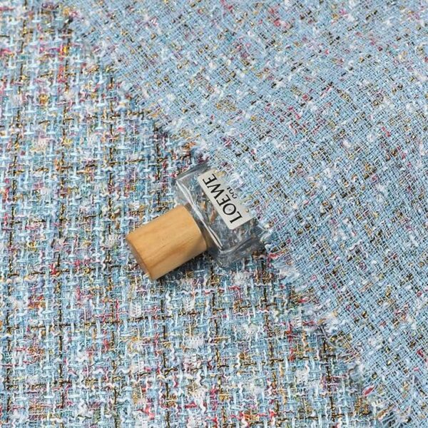 Luxury Plaid Tweed Fabric Light Blue Metallic Plaid Flat Sample With Stamp Prop