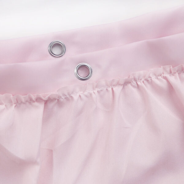 Kids Princess Shower Curtain pink fabric & metal grommet close-up, opaque polyester ruffle detail, rust-proof hanging eyelets for girls bathroom curtain