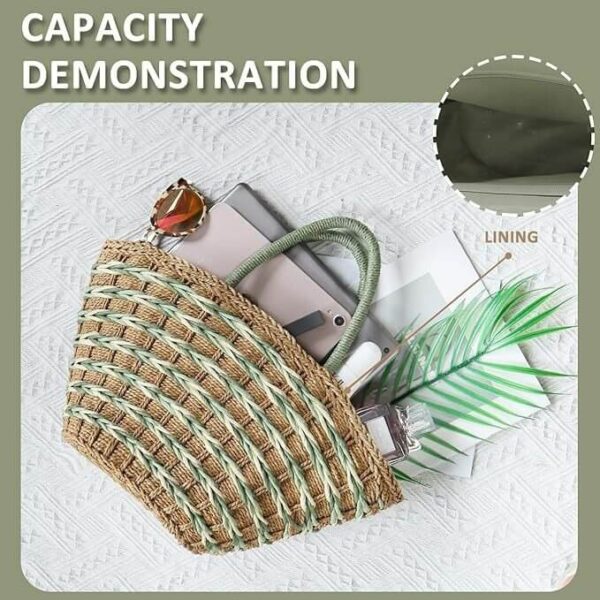 Sage Green Color Block Straw Tote Bag Capacity Demonstration With Polyester Lining Display