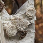 Vintage Handmade Tote Bag Macro Shot, Multi 3D Fabric Roses Lace Fringe Distressed Linen Detail