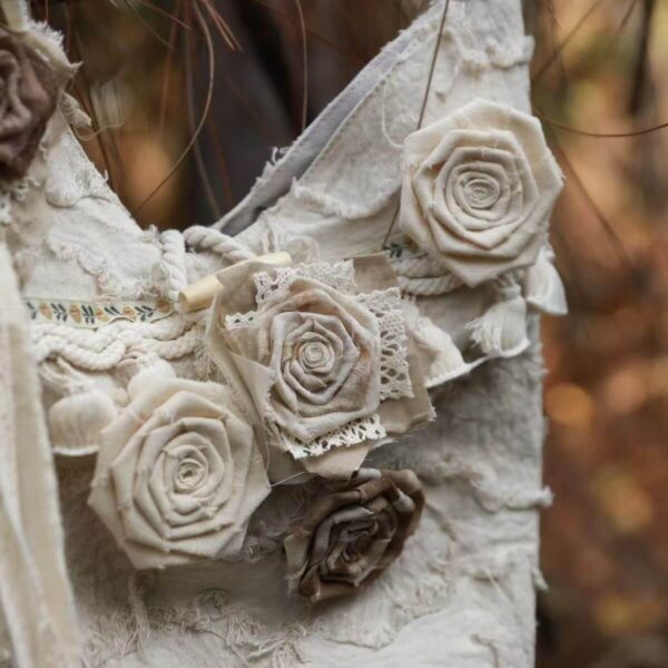 Vintage Handmade Tote Bag Macro Shot, Multi 3D Fabric Roses Lace Fringe Distressed Linen Detail