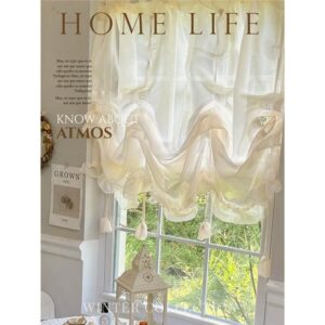 Jelly Sheer Roman Curtain vintage beige pull up sheer curtain with ruffled hem for kitchen home decor