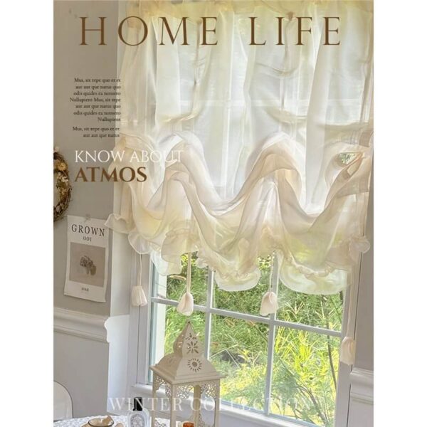 Jelly Sheer Roman Curtain vintage beige pull up sheer curtain with ruffled hem for kitchen home decor