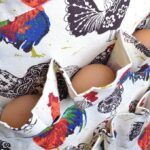 Adult & Kid Matching Rooster Print Canvas Egg Collecting Apron outdoor model shot