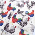Rooster Print Canvas Egg Apron ruffled pocket detail with real egg